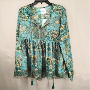 Masala Paisley Print Blouse - Teal and Gold